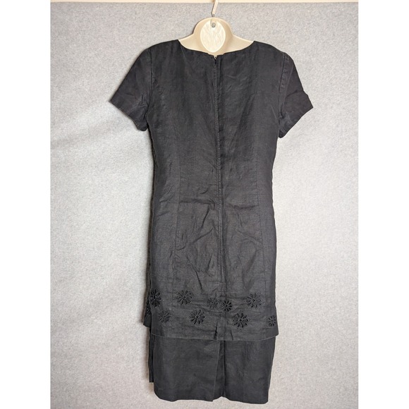 August Silk Black Linen Sheath‎ Dress Women's 10 Short Sleeve Floral Eyelet Hem - Picture 3 of 11